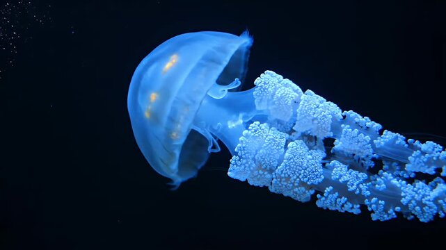 Bioluminescent jellyfish with a blue bell and orange glow