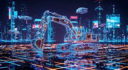 Excavator on Digital Grid Futuristic Construction Tech in Neon Cityscape at Night
