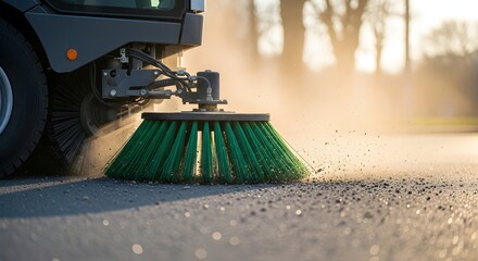 Street Sweeper Cleaning Asphalt Road with Rotating Brush - City Cleaning Service