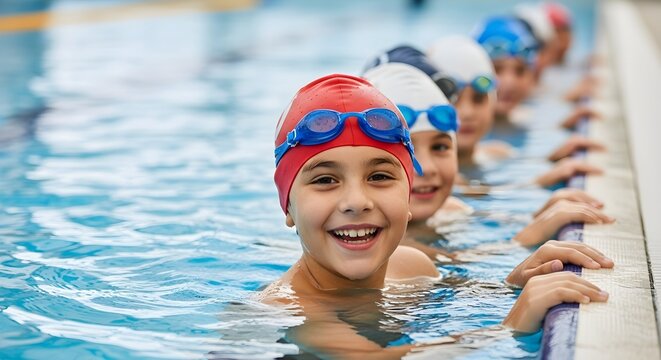 Kids having fun in the pool during swimming lesson in an aquatics center class - Powered by Adobe