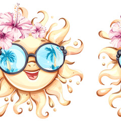 Cheerful sun wearing stylish sunglasses with floral accents creates a seamless pattern background, perfect for summer vacations, beach parties, and festive occasions as wallpaper or decor