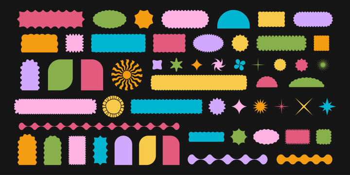 Set of colorful geometric forms with wavy edges. Cute basic shapes with curved borders. Empty textbox, sticker, tag or label templates isolated on black background. Vector flat illustration.