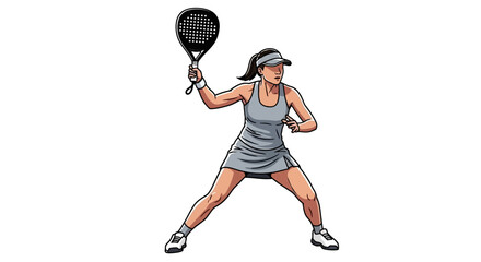 Illustration of a woman playing tennis in a gray outfit, preparing to hit the ball with a racket