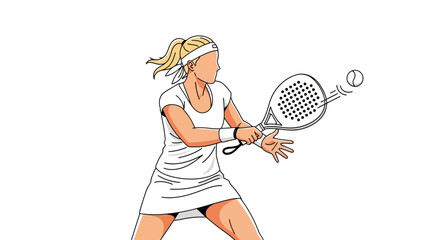 Dynamic illustration of a female athlete playing a modern racket sport, skillfully hitting the ball with her padel racket during an intense match. This graphic depicts competitive action