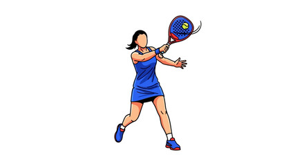 Dynamic illustration of a woman athlete in a blue uniform playing padel on an isolated white background