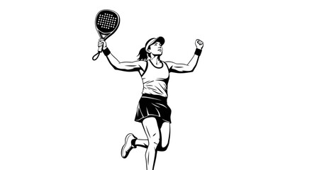 Black and white illustration of a woman celebrating a victory in a tennis match with a racket held high