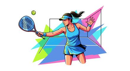 Dynamic female tennis player hitting a powerful shot on a stylized court, showcasing energetic sports action with a vibrant, modern graphic design