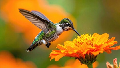 Fototapeta premium Hummingbird Drinking Nectar From Orange Flower During Daytime With Blurred Green Background