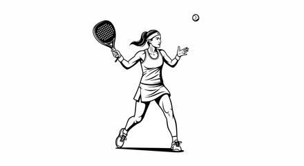 A woman athlete in a dynamic pose playing padel with a racket and ball, embodying "The Spirit of Competition" in a black and white line art illustration