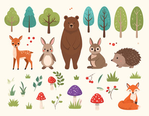 Cute Woodland Forest Animals Vector Set - Stylized Bear, Deer, Fox, Rabbit & Forest Elements