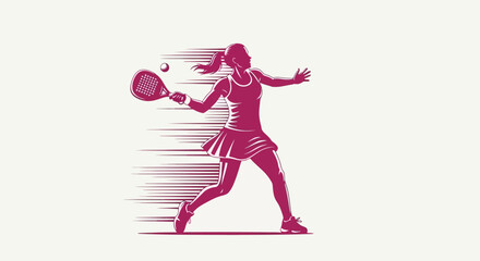 Dynamic vector illustration of a female athlete in action, swinging a padel racket with a powerful forehand shot and motion effects