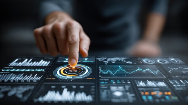 Advanced futuristic digital interface with holographic data projections and touch controls displaying graphs charts and analytics in high-tech environment