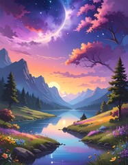 Serene landscape with mountains, lake, vibrant sky, and lush vegetation