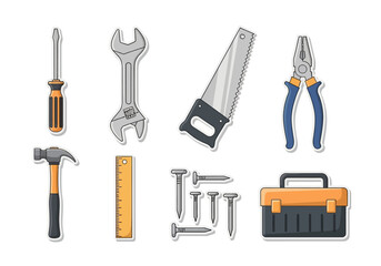 Tools Screwdriver wrench saw pliers hammer ruler nails and a toolbox are arranged on a white background