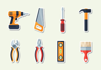Tools set drill saw screwdriver hammer wrench pliers level brush cartoonstyle sticker icons on a light background