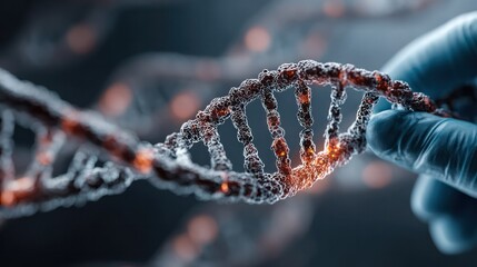 Close-up view of a gloved scientist holding a detailed digital rende of a DNA double helix strand with glowing elements in a laboratory setting emphasizing genetics and molecular biology research
