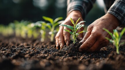 Hands Planting Young Seedlings in Rich Dark Soil for Sustainable Agriculture and Eco Friendly Farming Practices in a Greenhouse or Garden Setting