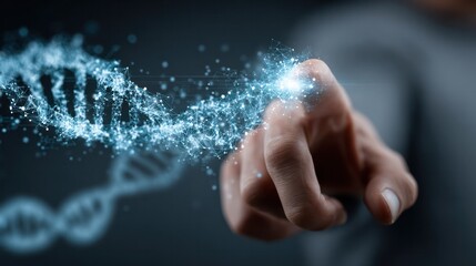 Futuristic digital DNA strand hologram projection with human finger touch in science technology laboratory setting for genetic research and innovation