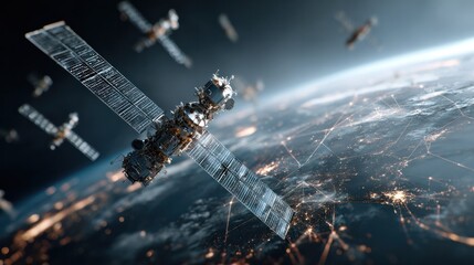 Spacecraft Orbiting Earth with Satellite Arrays and City Lights Visible from Space du Night Time with Bright Illumination and Deep Space Background