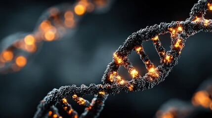Close-up of a DNA double helix strand illuminated with glowing lights symbolizing genetic material and biological science research in a dark background