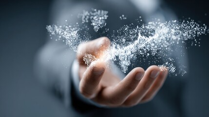 Close-up of a hand releasing a cloud of fine white powder or dust with dynamic particles suspended in midair, emphasizing motion, texture, and dramatic lighting