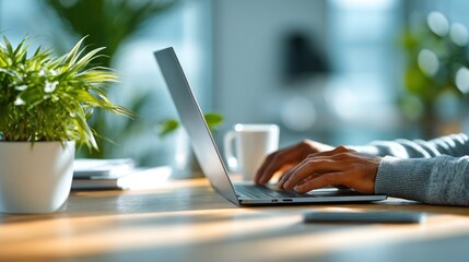 Modern workspace with a person typing on a laptop at a wooden desk surrounded by plants and natural light, emphasizing productivity and remote work environment