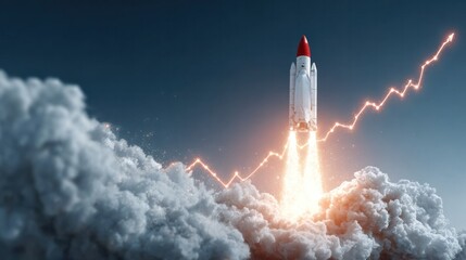 A powerful rocket launch with bright flames and smoke against a dark sky, lightning strikes in the background creating a dramatic space exploration scene