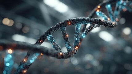 Close-up of a detailed DNA double helix structure with glowing lights and intricate molecular details, highlighting genetic science and biotechnology concepts