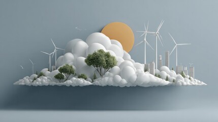 Eco-friendly futuristic sustainable cityscape with wind turbines solar panels lush greenery clouds and minimalistic design on a soft blue background