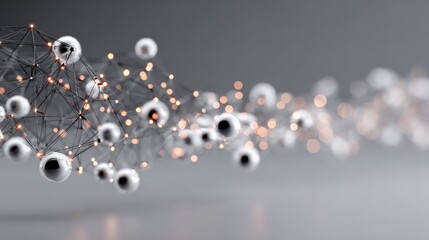 Abstract digital network illustration featu interconnected spheres with glowing lines symbolizing data transfer and technological connectivity on a sleek gray background