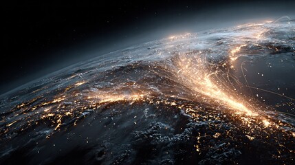 Stunning view of Earth from space showcasing city lights, illuminated continents, atmospheric glow, detailed cloud patterns, and the curvature of the planet at night