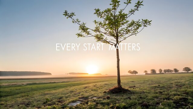 Young tree standing in a field at sunrise with a hopeful message