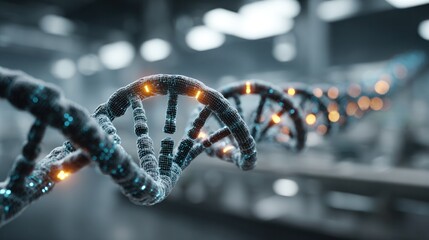 Close-up view of a detailed DNA double helix model with glowing lights representing genetic structure and biological molecules in a scientific lab setting