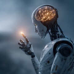 Highly detailed futuristic humanoid robot with illuminated neural network brain structure and advanced robotic hand pressing a touch interface in a science fiction setting