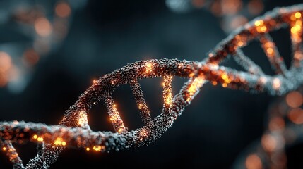Close-up of a glowing DNA double helix strand illuminated with sparkling particles representing genetics and molecular biology research in a dark background