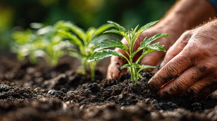 Close-up of gardener planting young seedling in rich soil in garden using hands for planting and cultivating fresh organic vegetables or herbs outdoors