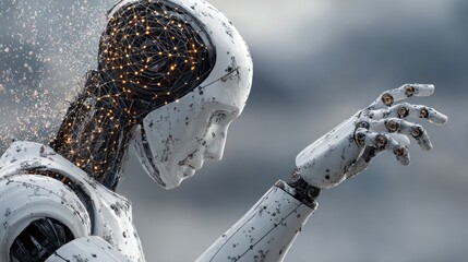 Highly detailed futuristic humanoid robot with sleek white metallic body and illuminated orange circuits in head and hand performing gesture in a cloudy outdoor setting