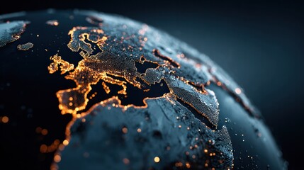 Close-up of Earth from Space with Illuminated Continents and Ocean Details Showing a Glowing and Realistic Planet View in Dark Background