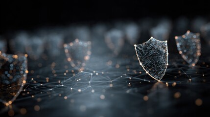 Abstract digital art depicting a futuristic network of interconnected shield icons with glowing points and lines symbolizing cybersecurity and digital protection