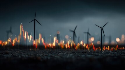 Eco Friendly Wind Turbines Generating Renewable Green Energy at Sunset in a Modern Wind Farm with City Skyline in Background