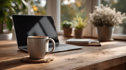 Cozy workspace with a laptop, coffee mug, notebooks, and potted plants on a wooden table near a sunny window for productive work and relaxing environment