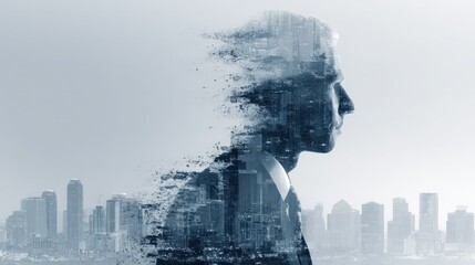 Modern digital composite image of a professional woman in business attire superimposed with a city skyline and abstract effects symbolizing technology innovation and urban development