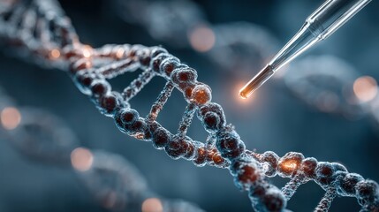 Close-up of a CRISPR gene editing process showing DNA double helix with a micropipette and glowing molecules in a biotechnology laboratory setting