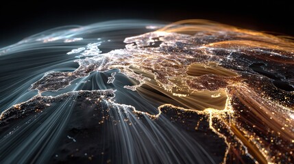 Stunning aerial view of illuminated world map at night emphasizing continents with glowing lines and city lights, futuristic digital global connectivity visualization
