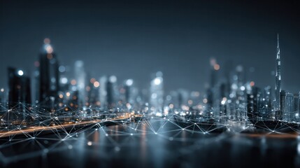 Futuristic cityscape at night with illuminated skyscrapers and digital connectivity network lines representing technology and smart urban infrastructure