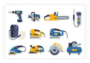 An array of workshop tools including drills saws welding gear sanders and a compressor displayed on a white background