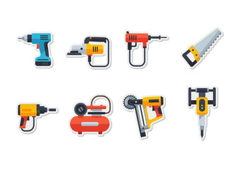 Assorted construction tools drill sander saw compressor jackhammer