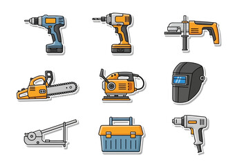 Cartoon image showcasing nine distinct construction tools rendered in a sticker style