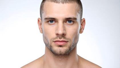 Fototapeta premium Headshot of a serious young man with blue eyes and short hair