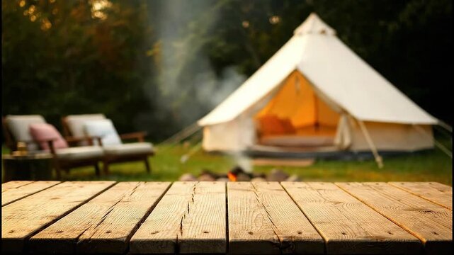 Camping Tent with Wooden Table in Nature